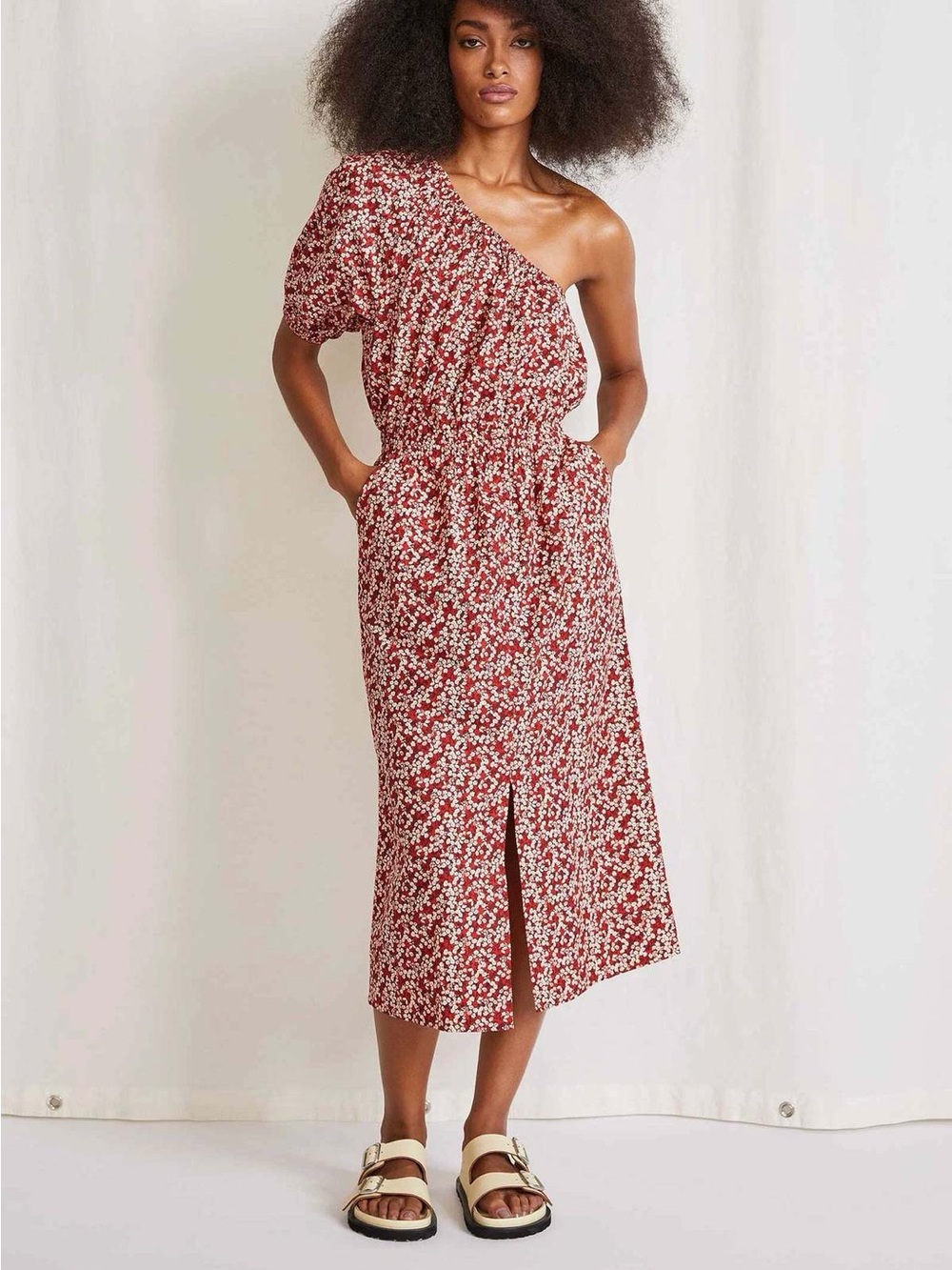 Apiece Apart NWT Palma Floral One Shoulder Dress Red Mango Bouquet Print Small